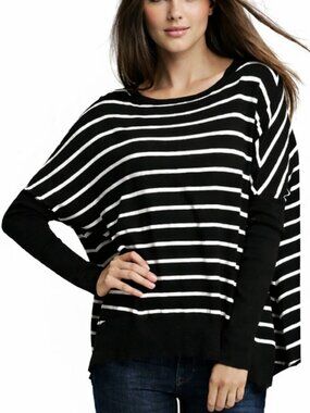 Vince Camuto Dolman Sleeve Poncho Sweater Black and White Striped | SMALL